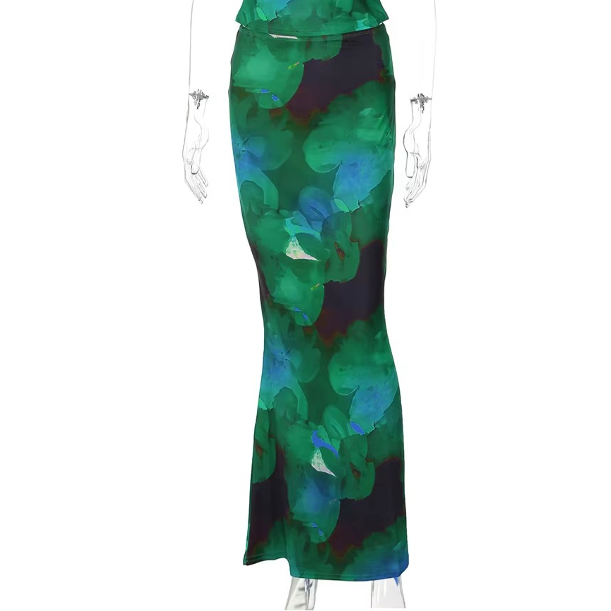 Lea Long Skirt - Green print - 7ASIDE